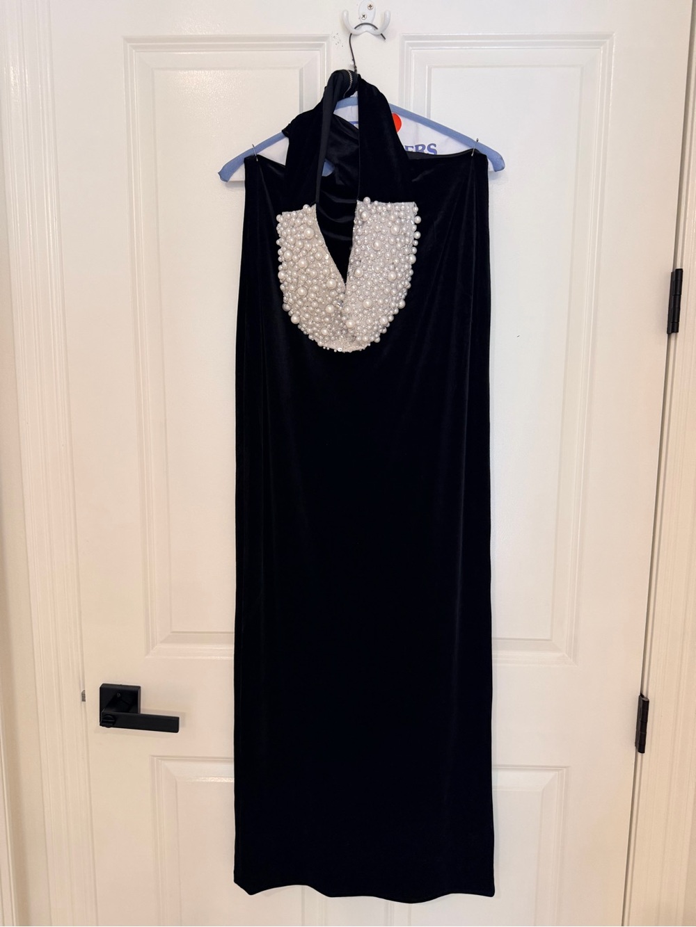 Black Velvet Maxi Dress with Pearl-Embellished Halter